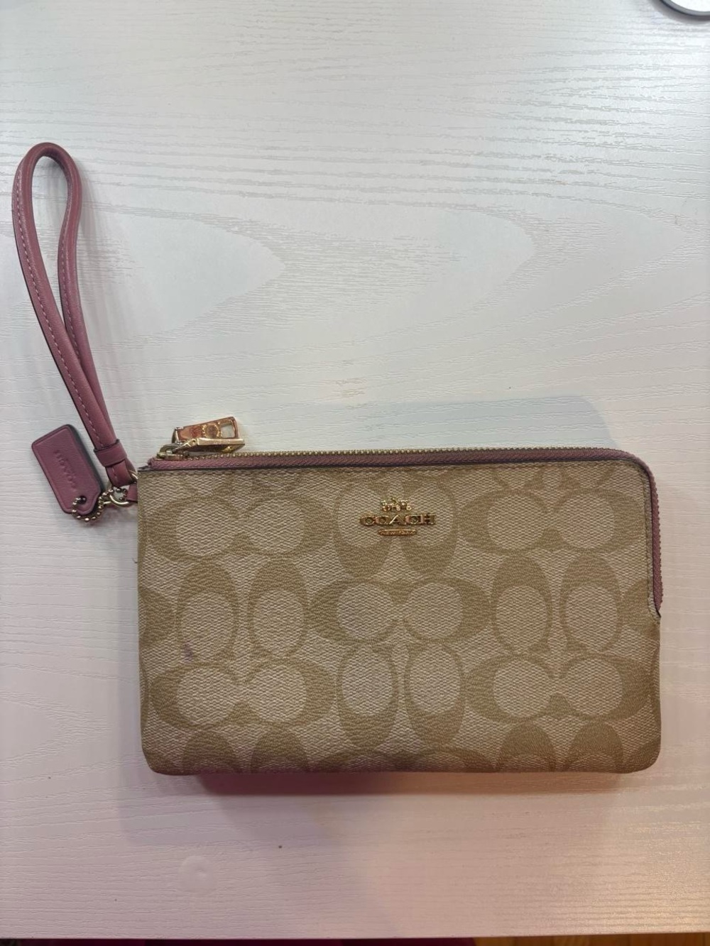 Coach Beige Signature Canvas Wristlet with Pink Trim